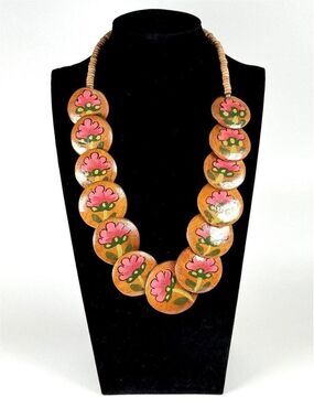 Vintage Hand-Painted Wood Disc Pink Floral Necklace Folk Art Boho Statement